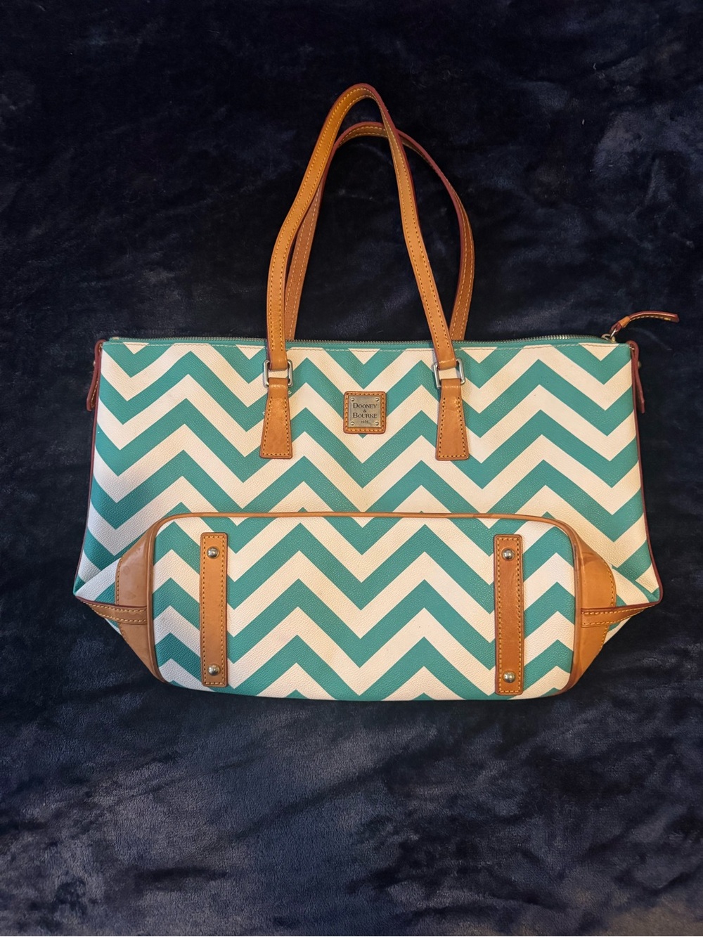 Dooney & Bourke Teal and White Chevron Tote with Tan Trim